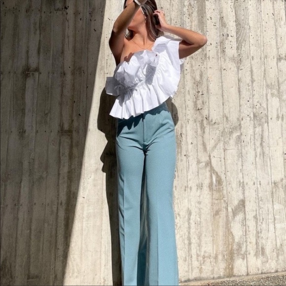 Rare! Zara Blogger White Cotton Poplin Ruffle One Shoulder Bustier Top S - Picture 2 of 11